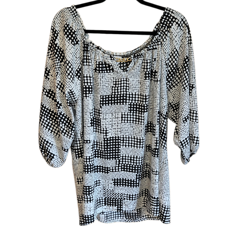 Avenue Plus Size 18/20 Black White Polka Dot Gold Chain Cold Shoulder Blouse